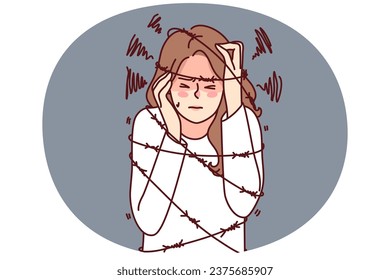 Unhappy woman in tight ropes suffer from mental or psychological problems. Upset stressed girl struggle with overthinking or anxiety limit life. Vector illustration.