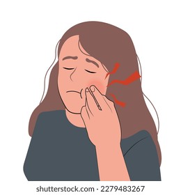 Unhappy woman touch cheek suffer from toothache have decay or caries. Unwell girl struggle with painful feeling having dental ache. Oral care concept. Vector illustration.