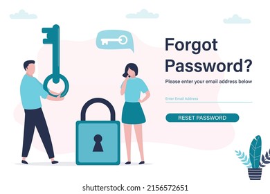 Una infeliz usuaria olvidó su contraseña de cuenta. Asistencia para recuperar datos de perfil y cuenta. El soporte da la llave al bloqueo. Soporte de Internet. Un empleado masculino gracioso tiene una gran llave. Ilustración del vector