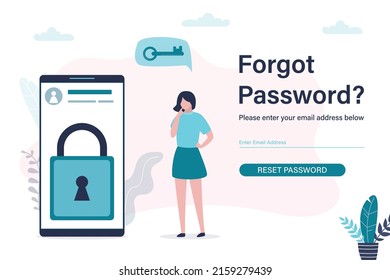 Unhappy Woman User Forgot Her Account Password. Assistance In Recovering Profile And Account Data. Mobile Phone With Padlock On Screen. Internet Support, Customer Service. Flat Vector Illustration