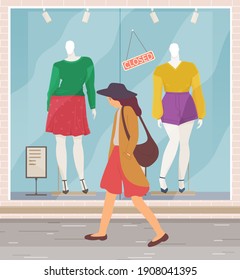 Unhappy woman walks down the street with a bag on the shoulder. Young girl goes to work past the window of clothing stores with mannequins. Tired female character in casual clothes for a walk