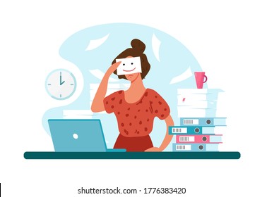 Unhappy woman at work, professional burnout. Sad girl holds a painted smile. The concept of depression, workload, career growth. Flat vector illustration