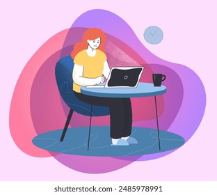 Unhappy woman working on laptop. Office worker, designer or student at workplace flat vector illustration. Stress, work, education concept for banner