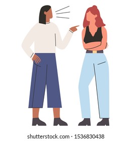 Unhappy Women Arguing. One Woman Pointing Finger At Another Who Crossed Hands On Her Chest. Concept Of Addicted Partner, Bad Relationships, Two Angry People. Flat Vector Illustration