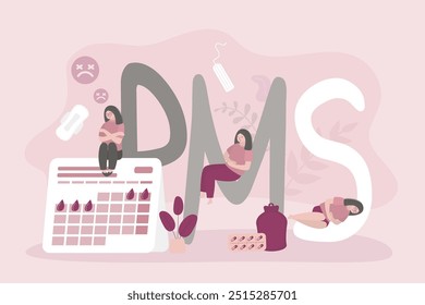 Unhappy women sitting and lying on giant text - PMS. Menstrual period, female menstruation pain treatment. PMS and ovulation, menstruation control. Women reproductive system. flat vector illustration