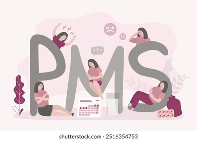 Unhappy women sitting and lying on giant text - PMS. Menstrual period, female menstruation pain treatment. PMS and ovulation, menstruation control. Women reproductive system. flat vector illustration