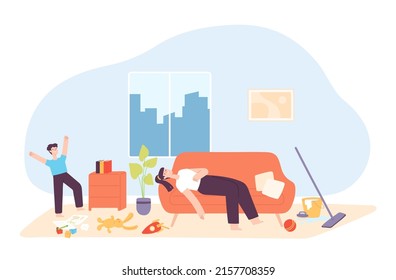 Unhappy women tired from housework. Tired mother lying on sofa in messy room. Cheerful child playing with toys on floor. Exhausted mom overworked with domestic routine. Household chores concept vector