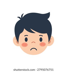 Unhappy young boy face showing a sad frowning expression. Minimalist flat graphic of a child's face with dark messy hair, rosy cheeks, and a frowning mouth. The emotion is clearly sad. Ideal for child psychology blogs or educational emotional charts.