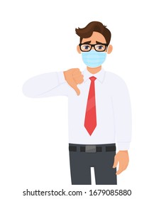 Unhappy young business man wearing medical mask and showing thumbs down sign. Trendy person covering surgical mask and gesturing bad, negative symbol. Male character cartoon illustration in vector.