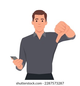 Unhappy young businessman in vest suit showing blank screen mobile phone and gesturing thumbs down sign. Person holding smartphone. Flat vector illustration isolated on white background