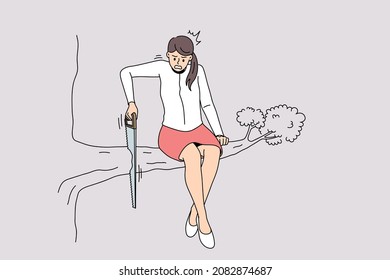 Unhappy young businesswoman sit on tree cut branch she sitting on. Distressed female employee involved in risky business project, feel trapped with idea. Work stress concept. Vector illustration. 