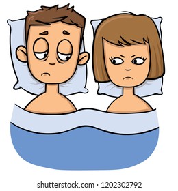 Unhappy young couple in bed, problems, family crisis. Cartoon design icon. Colorful flat vector illustration. Isolated on white background.