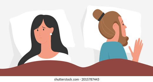 Unhappy young couple people in bed, love relationship problem vector illustration. Cartoon sad man woman lover characters lying together on pillow under blanket in quarrel, bedroom top view background