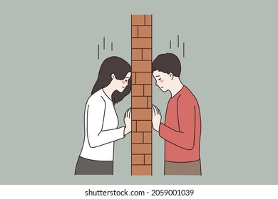 Unhappy Young Couple Separated With Brick Wall. Upset Man And Woman Lovers Divided, Have Relationship Problems. Breakup, Divorce, Separation. Misunderstanding In Family. Vector Illustration. 