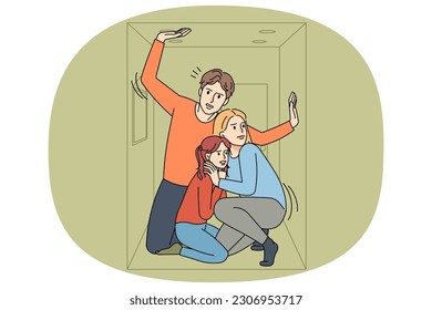 Unhappy young family with child cramped in small apartment. Upset parents with kid living in tiny housing. High rent and purchase prices. Rental and realty problem. Vector illustration.