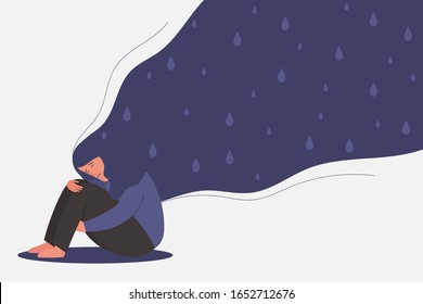 unhappy young girl in depression sitting, lonely woman hugging knees with flying hair and rain drop inside, sorrow, mental health concept, cartoon female character flat vector illustration