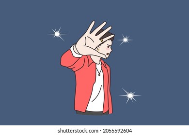 Unhappy young man celebrity annoyed by camera flashes photographers making. Distressed angry male star bothered reporters journalists, make stop hand gesture. Flat vector illustration.