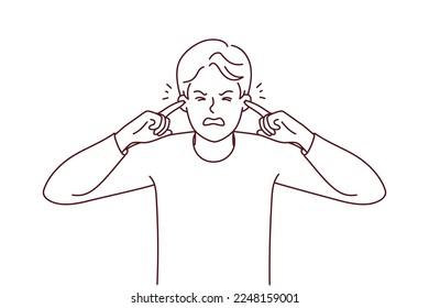 Unhappy young man cover ears suffer from unbearable noise. Upset stressed guy close ears feel bother and annoyed with sound. Vector illustration. 