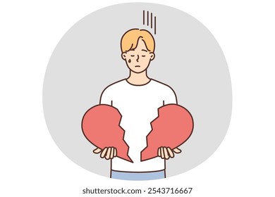 Unhappy young man cry holding broken heart in hands. Upset distressed guy suffer from breakup or separation. Relationship problem. Vector illustration.