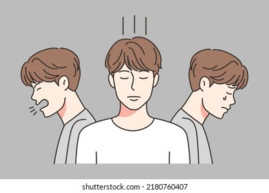 Unhappy young man different face expressions and emotions. Guy suffer from bipolar disorder or mood swing. Anxiety and mental disorder. Vector illustration. 