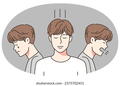 Unhappy young man different face expressions and emotions. Guy suffer from bipolar disorder or mood swing. Anxiety and mental disorder. Vector illustration.