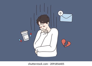Unhappy young man feel distressed suffer from depression or anxiety, have medication antidepressants. Sad, lonely guy stressed with solitude and loneliness. Mental problem. Flat vector illustration. 