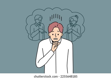 Unhappy young man feel pressure from colleagues pointing and scolding. Upset male feel distressed suffer from bullying at workplace. Vector illustration. 