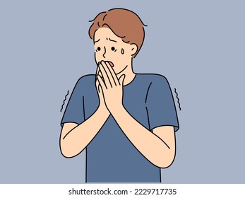 Unhappy young man feel stressed and terrified. Upset guy suffer from worry or anxiety feeling fear and astonishment. Vector illustration. 