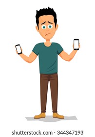 Unhappy Young Man Holding Two Smartphones. Hard Decision Between Two Phones. Vector Illustration.