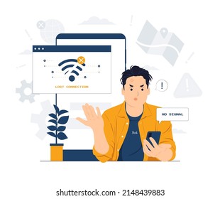 Unhappy young man looking at the phone, feeling angry about bad device work, internet disconnection, lost data. Anxious male user dissatisfied with service concept illustration