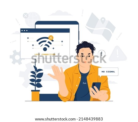 Unhappy young man looking at the phone, feeling angry about bad device work, internet disconnection, lost data. Anxious male user dissatisfied with service concept illustration