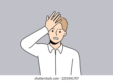 Unhappy young man make hand gesture remembering or forgetting something. Distressed male frustrated with idea or thought. Vector illustration. 