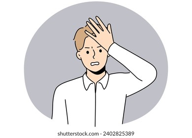 Unhappy young man make hand gesture remembering or forgetting something. Distressed male frustrated with idea or thought. Vector illustration.