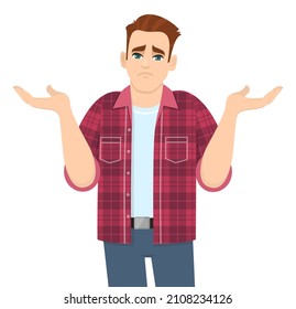 Unhappy young man making i do not know sign. Person shrugging shoulders, spreading hands. Oops, sorry gesture. Male character expressing questioned face reaction. Cartoon illustration in vector style.