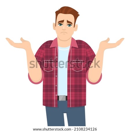 Unhappy young man making i do not know sign. Person shrugging shoulders, spreading hands. Oops, sorry gesture. Male character expressing questioned face reaction. Cartoon illustration in vector style.