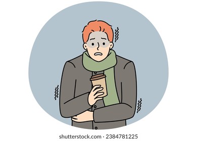 Unhappy young man in outerwear hold takeaway coffee freezing outdoors. Distressed guy with warm drink in hands suffer from cold weather. Vector illustration.