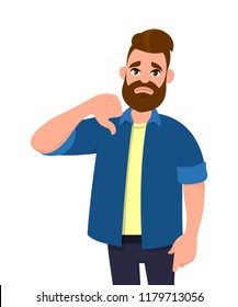 Unhappy young man showing thumbs down sign gesture. Dislike, disagree, disappointment, disapprove, no deal concept. Emotion and body language concept in cartoon style vector illustration.