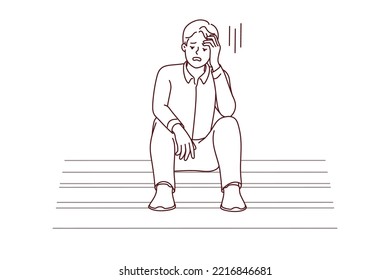 Unhappy young man sit on stairs feel distressed with job loss or failure. Upset male stressed with life or business problems, look for solution. Vector illustration. 