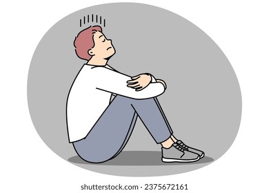 Unhappy young man sit on floor suffer from loneliness and repetitive thoughts. Stressed male struggle with depression or anxiety. Vector illustration.