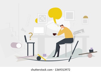 Unhappy young man sitting in the flat, holding the head by his hands. Sadness, job lost, breaking relation ship concept