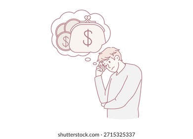 Jovem infeliz com balão de fala acima pensa em luta de dinheiro com problemas financeiros. O cara estressado considera gastos. Falência e dívida. Finanças. Ilustração vetorial.