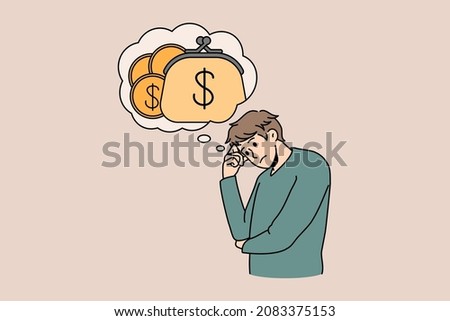 Unhappy young man with speech bubble above think of money struggle with financial problems. Stressed guy consider expenses expenditures. Bankruptcy and debt. Finance. Vector illustration.