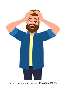 Unhappy young man squeezing head with hands. Emotions and body language concept. Stress, tension and migraine concept in vector illustration style.