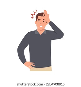 Unhappy young man squeezing head with hands. Emotions and body language concept. Stress, tension and migraine concept. Flat vector illustration isolated on white background