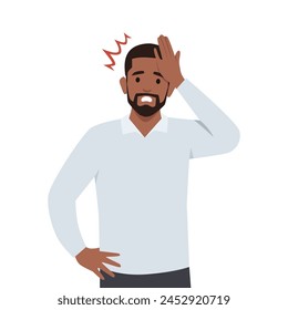 Unhappy young man squeezing head with hands. Emotions and body language concept. Flat vector illustration isolated on white background