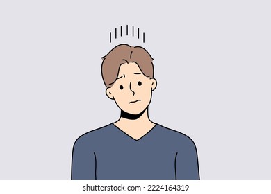 Unhappy young man suffer from repetitive thoughts in head. Upset distressed guy struggle with depression or bad mood. Vector illustration. 