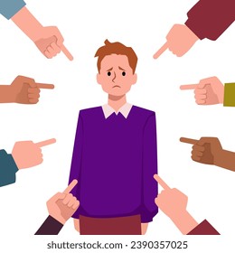 Unhappy young man surrounded by hands with forefingers pointing at him. Concept of victim blaming, public disapproval, humiliation, abjection and shame. Flat cartoon vector illustration