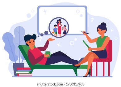 Unhappy young man telling psychologist about his childhood. Consultant, therapy, conversation flat vector illustration. Problem, depression concept for banner, website design or landing web page