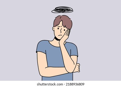 Unhappy Young Man Thinking Lost In Worries And Frustration. Stressed Guy Overthinking Overwhelmed With Thoughts. Vector Illustration. 