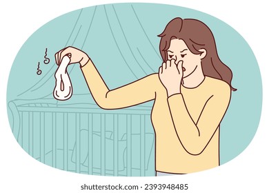 Unhappy young mother close nose feeling disgust holding stinky baby diaper. Distressed mom disgusted with smelly child diaper. Vector illustration.